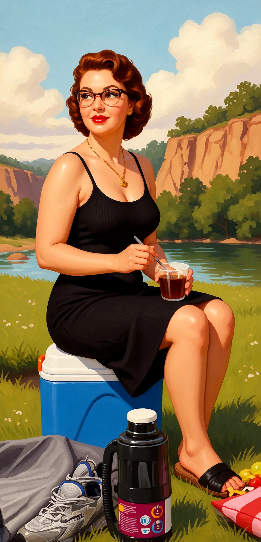 Redraw the entire picture as a retro pin-up illustration: smooth airbrushed gouache paint, warm saturated mid-century colour, clean confident outlines and glamorous stylised features, in the look of a 1950s pin-up poster. The background is painted in the same style. Nothing in the frame keeps its photographic appearance. Above all, the picture must show: naked_shirt.