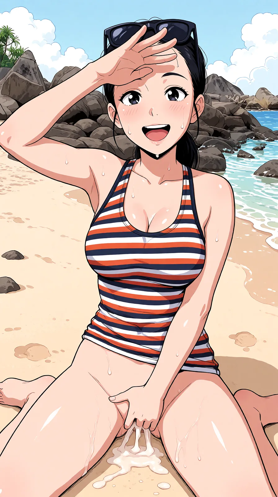 Redraw the entire picture as a hand-drawn anime illustration in flat cel-shaded anime style. It stays the same person with the same face, the same expression, the same hair and the same skin tone, and every other detail of the photograph is kept exactly as it is: nothing is added, removed, moved, uncovered or recoloured. Only the medium changes, and no part of the picture is left photographic. Above all, the picture must show: undressing and female_masturbation.