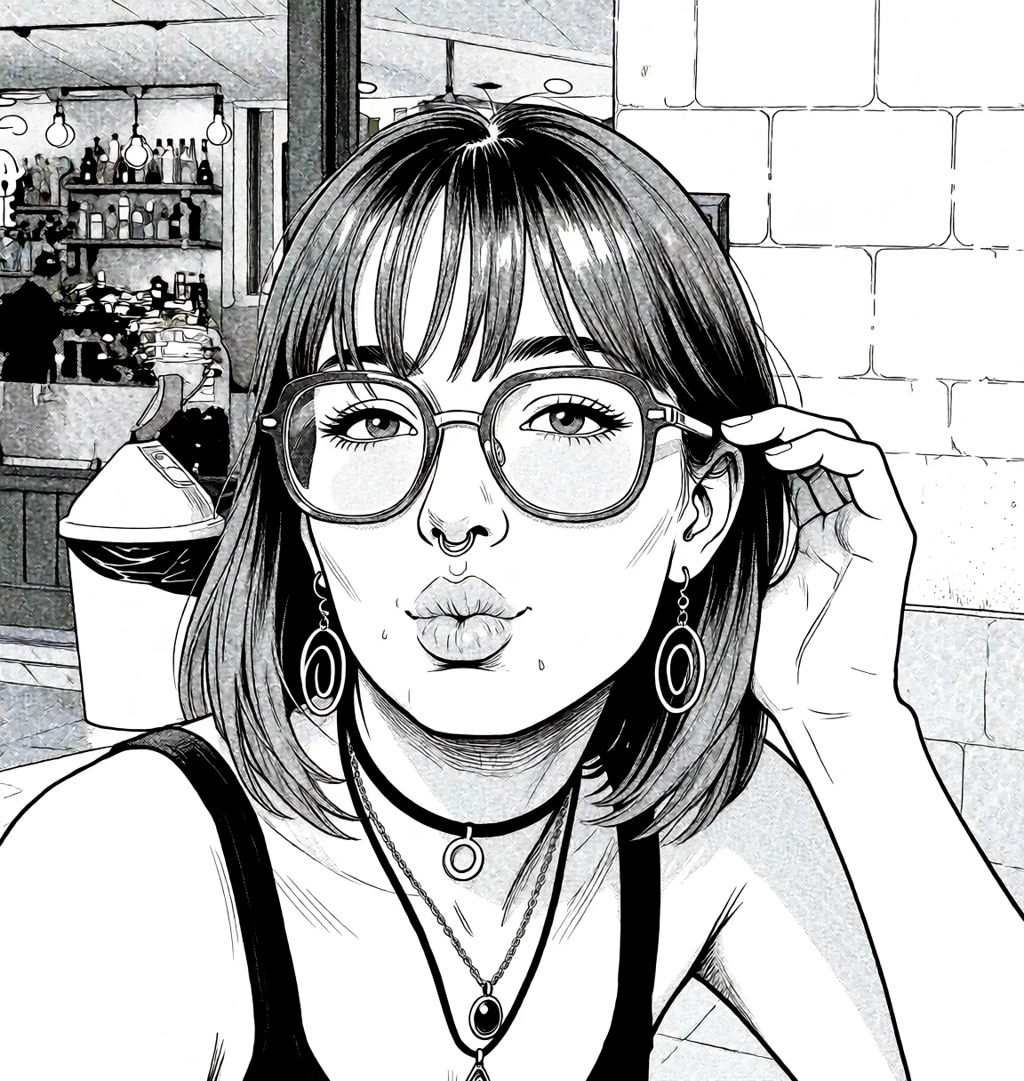 Redraw the entire picture as a black and white manga page: crisp black ink line art, no colour anywhere, flat halftone screentone shading, hatched shadows and clean white highlights, in the look of a printed manga panel. The background is drawn in the same style. Nothing in the frame keeps its photographic appearance. Above all, the picture must show: Blowjob.