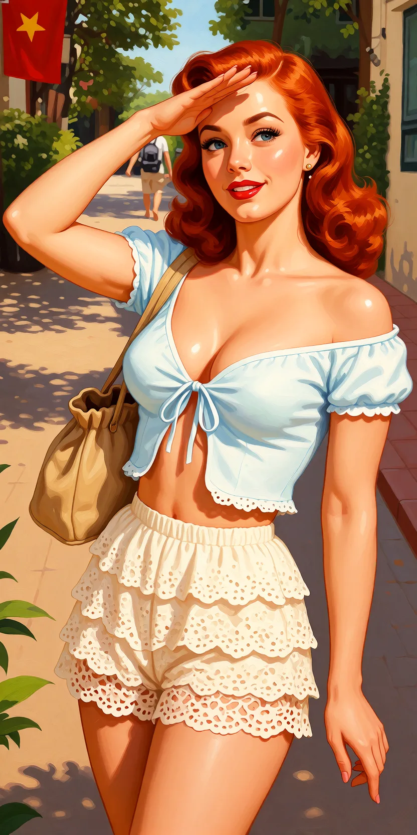 Redraw the entire picture as a retro pin-up illustration: smooth airbrushed gouache paint, warm saturated mid-century colour, clean confident outlines and glamorous stylised features, in the look of a 1950s pin-up poster. The background is painted in the same style. Nothing in the frame keeps its photographic appearance. Above all, the picture must show: nude.