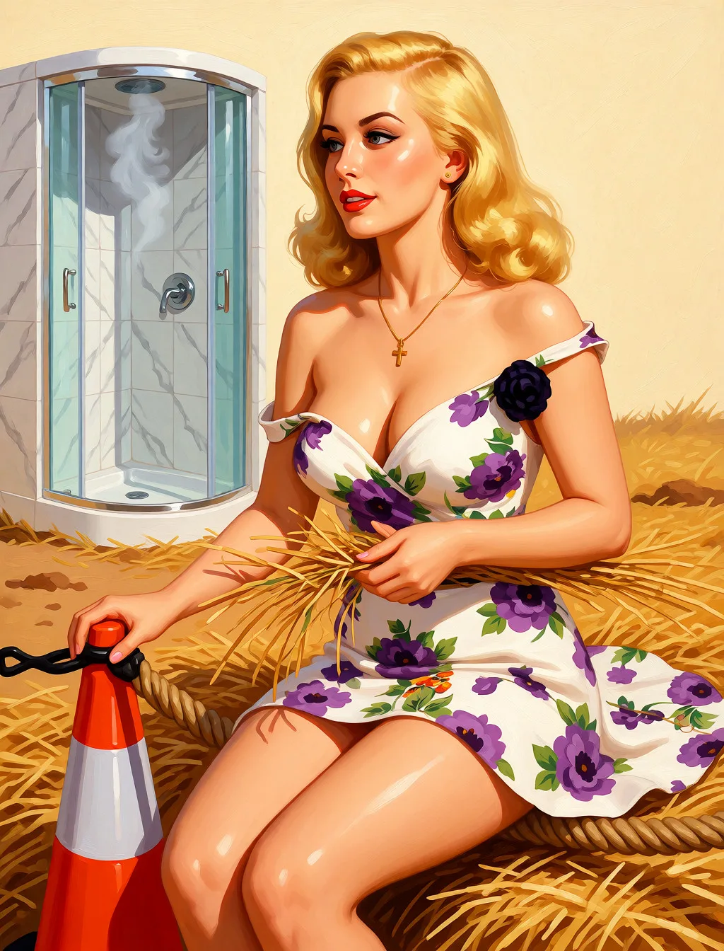 Redraw the entire picture as a retro pin-up illustration: smooth airbrushed gouache paint, warm saturated mid-century colour, clean confident outlines and glamorous stylised features, in the look of a 1950s pin-up poster. The background is painted in the same style. Nothing in the frame keeps its photographic appearance. Above all, the picture must show: Измени фото, душевая кабина из мраморной плитки в воздухе витает пар, девушка в масле на пустой коже сидит на шпагате на дорожном конусе.
