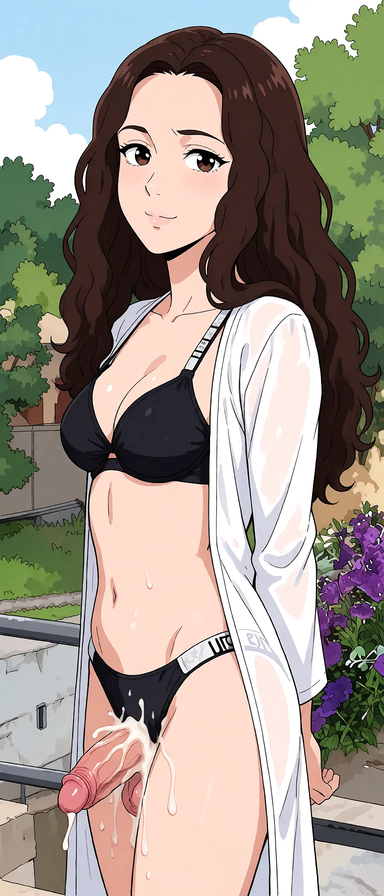 Redraw the entire picture as a hand-drawn anime illustration in flat cel-shaded anime style. It stays the same person with the same face, the same expression, the same hair and the same skin tone, and every other detail of the photograph is kept exactly as it is: nothing is added, removed, moved, uncovered or recoloured. Only the medium changes, and no part of the picture is left photographic. Above all, the picture must show: cum_on_body.