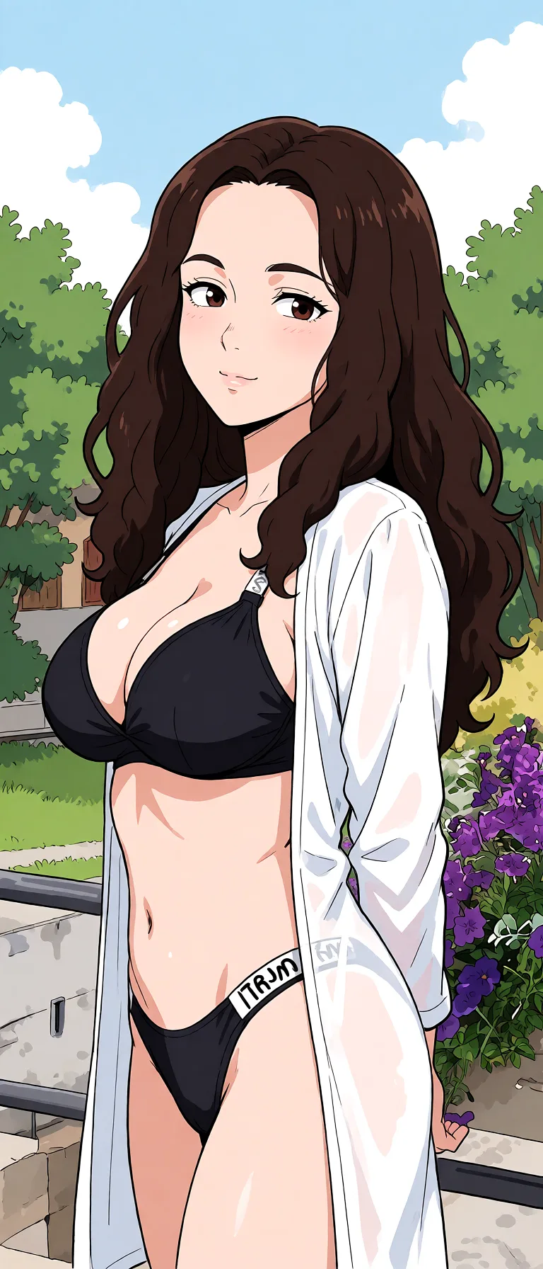 Redraw the entire picture as a hand-drawn anime illustration in flat cel-shaded anime style. It stays the same person with the same face, the same expression, the same hair and the same skin tone, and every other detail of the photograph is kept exactly as it is: nothing is added, removed, moved, uncovered or recoloured. Only the medium changes, and no part of the picture is left photographic. Above all, the picture must show: cum_on_breasts.