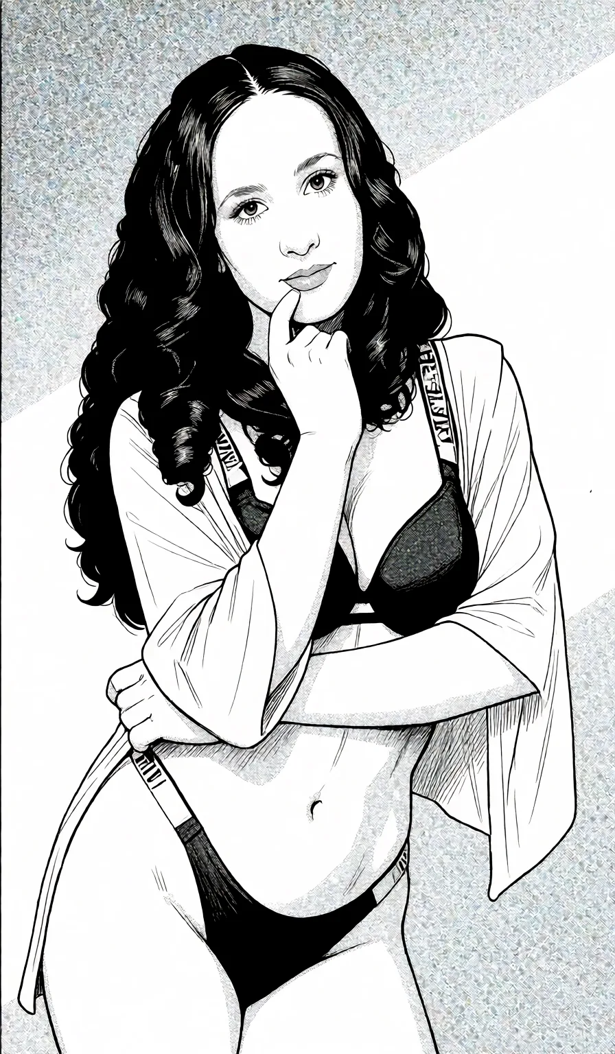 Redraw the entire picture as a black and white manga page: crisp black ink line art, no colour anywhere, flat halftone screentone shading, hatched shadows and clean white highlights, in the look of a printed manga panel. The background is drawn in the same style. Nothing in the frame keeps its photographic appearance. Above all, the picture must show: Deepthroat.
