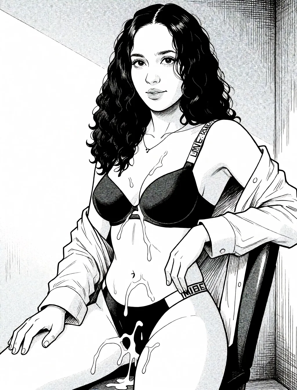 Redraw the entire picture as a black and white manga page: crisp black ink line art, no colour anywhere, flat halftone screentone shading, hatched shadows and clean white highlights, in the look of a printed manga panel. The background is drawn in the same style. Nothing in the frame keeps its photographic appearance. Above all, the picture must show: cumdrip.