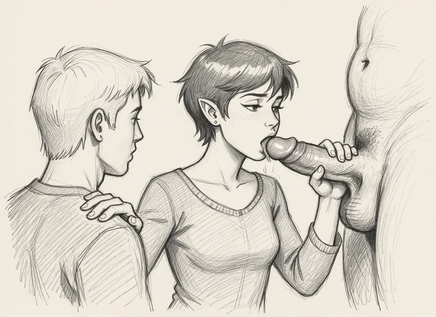 Redraw the entire picture as a hand-drawn graphite sketch on off-white paper: visible pencil strokes, cross-hatched shading, loose construction lines and no colour beyond the grey of the pencil and the tone of the paper. The background is drawn in the same style. Nothing in the frame keeps its photographic appearance. Above all, the picture must show: Make the woman hold her other hand on behind the man to the left side of the frame back head. Like she is guiding him to the cock. Like she is encouraging him to suck that cock.