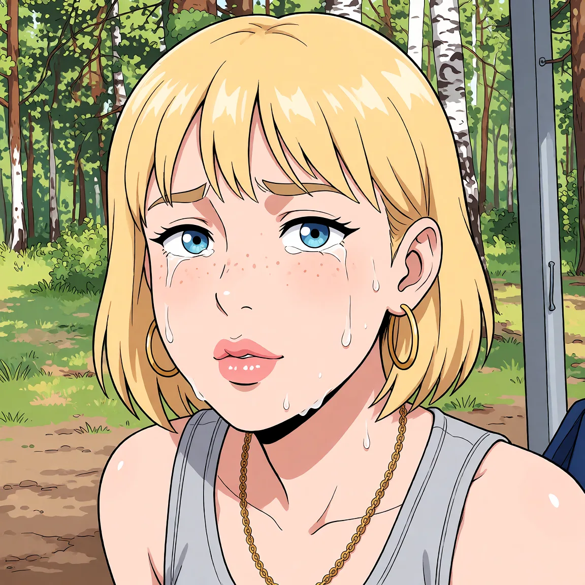 Redraw the entire picture as a hand-drawn anime illustration in flat cel-shaded anime style. It stays the same person with the same face, the same expression, the same hair and the same skin tone, and every other detail of the photograph is kept exactly as it is: nothing is added, removed, moved, uncovered or recoloured. Only the medium changes, and no part of the picture is left photographic. Above all, the picture must show: Голая девушка ебется с мужчиной в анал.