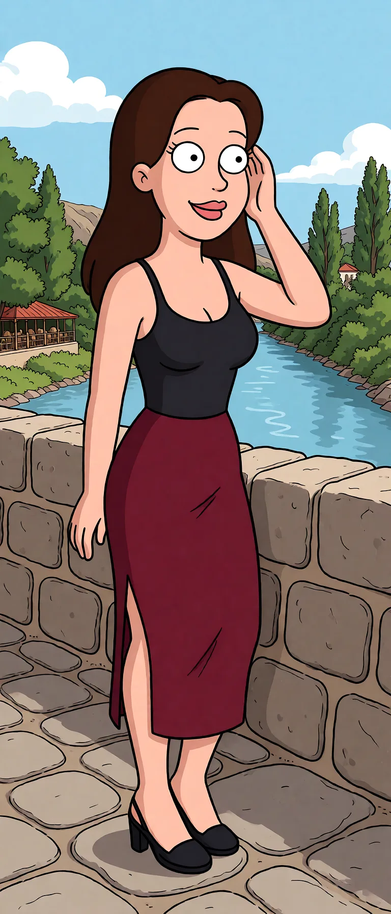 Redraw the entire picture as a western animated cartoon cel: thick even outlines, flat bright blocks of colour, simplified rounded shapes and hard-edged shadows, in the look of a television cartoon rather than of a camera. Keep the woman's adult proportions and adult figure exactly as they are; only the drawing style changes. The background is drawn in the same style. Nothing in the frame keeps its photographic appearance. Above all, the picture must show: Çıplak yap.
