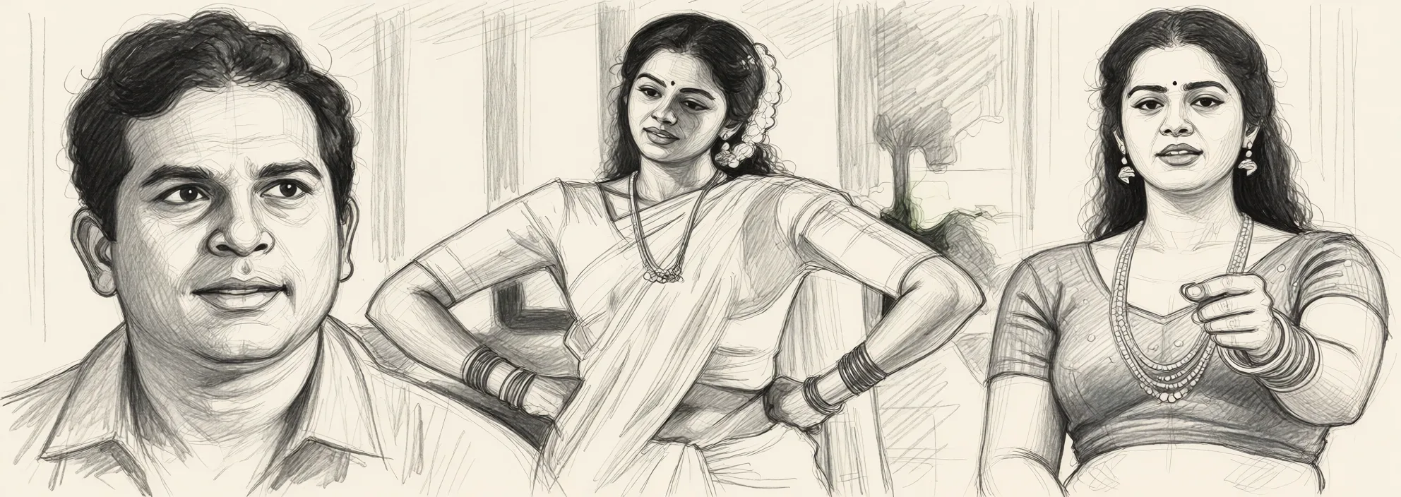 Redraw the entire picture as a hand-drawn graphite sketch on off-white paper: visible pencil strokes, cross-hatched shading, loose construction lines and no colour beyond the grey of the pencil and the tone of the paper. The background is drawn in the same style. Nothing in the frame keeps its photographic appearance. Above all, the picture must show:woman_on_top sweat.