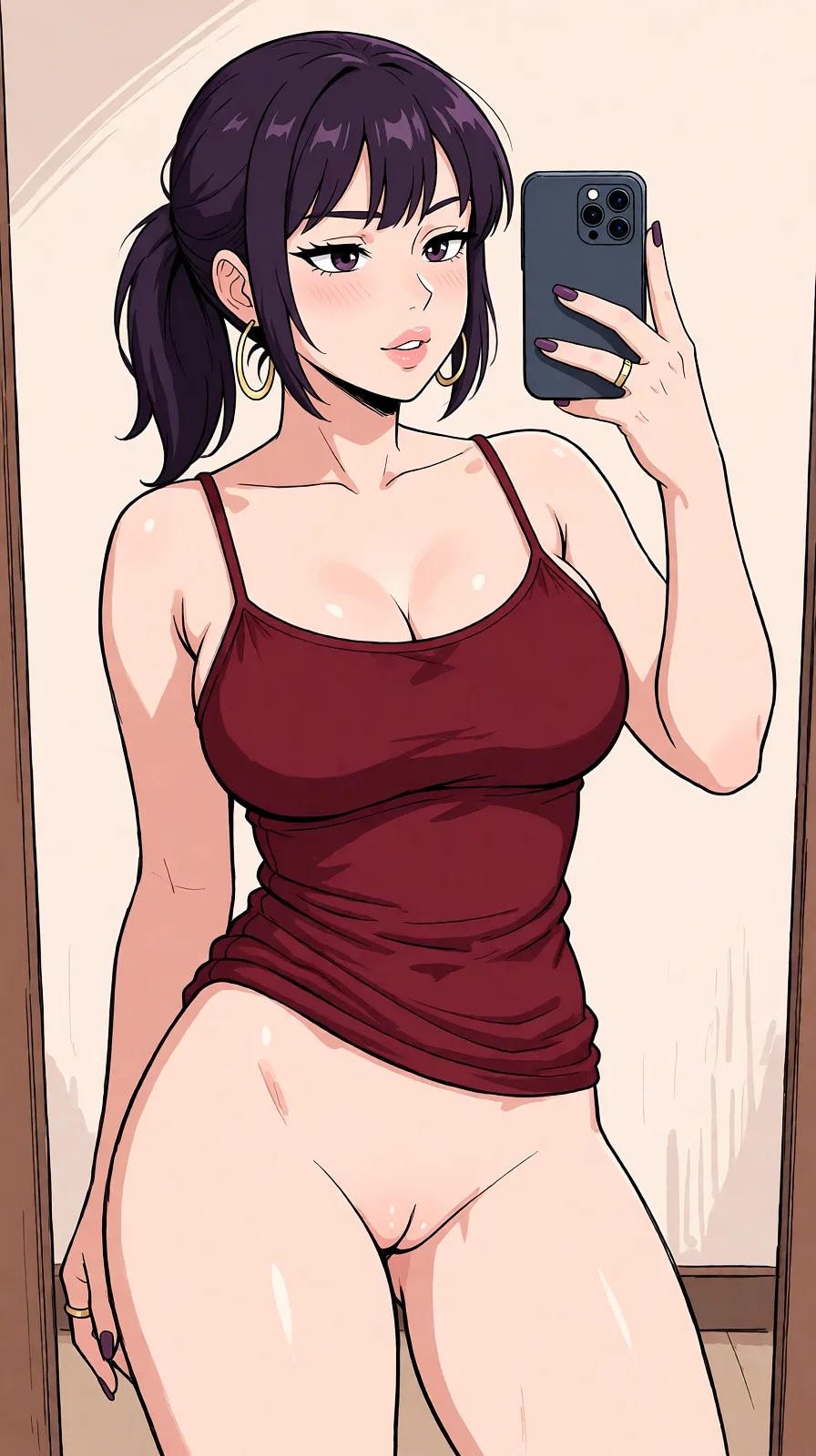 Redraw the entire picture as a hand-drawn anime illustration in flat cel-shaded anime style. It stays the same person with the same face, the same expression, the same hair and the same skin tone, and every other detail of the photograph is kept exactly as it is: nothing is added, removed, moved, uncovered or recoloured. Only the medium changes, and no part of the picture is left photographic. Above all, the picture must show: Fully naked, with a very curvy sexy body.