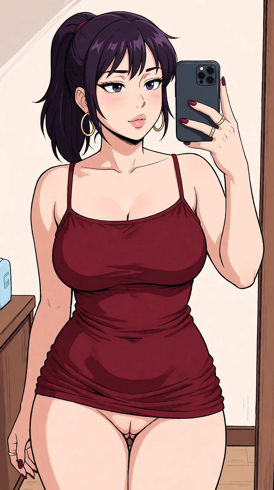 Redraw the entire picture as a hand-drawn anime illustration in flat cel-shaded anime style. It stays the same person with the same face, the same expression, the same hair and the same skin tone, and every other detail of the photograph is kept exactly as it is: nothing is added, removed, moved, uncovered or recoloured. Only the medium changes, and no part of the picture is left photographic. Above all, the picture must show: full_body nude curvy.