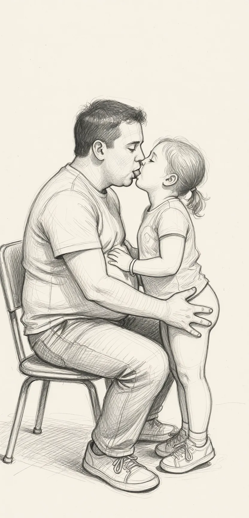 Redraw the entire picture as a hand-drawn graphite sketch on off-white paper: visible pencil strokes, cross-hatched shading, loose construction lines and no colour beyond the grey of the pencil and the tone of the paper. The background is drawn in the same style. Nothing in the frame keeps its photographic appearance. Above all, the picture must show: He has a potbelly, he is sitting on a chair, she is small and a little plump, they are tongue kissing, he is squeezing her butt.