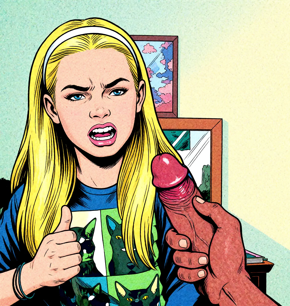Redraw the entire picture as western comic-book art: heavy black inked outlines, hard-edged cel shading, limited high-contrast colour and visible halftone dot texture. The background is drawn in the same style. Nothing in the frame keeps its photographic appearance. Above all, the picture must show: handjob dark_skin.
