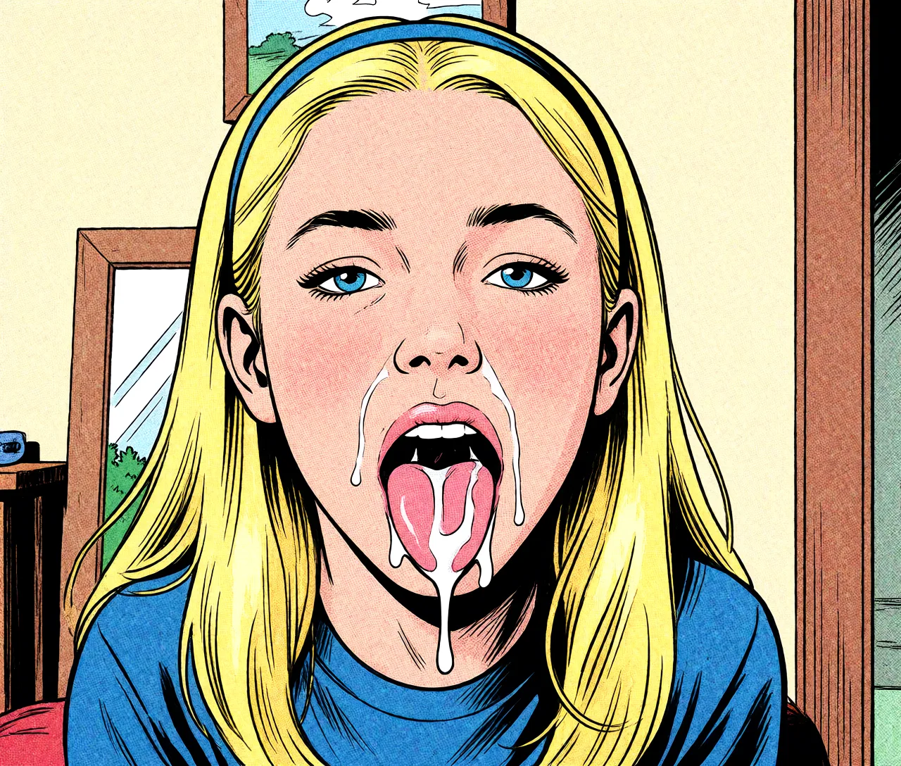 Redraw the entire picture as western comic-book art: heavy black inked outlines, hard-edged cel shading, limited high-contrast colour and visible halftone dot texture. The background is drawn in the same style. Nothing in the frame keeps its photographic appearance. Above all, the picture must show: cum_in_mouth.