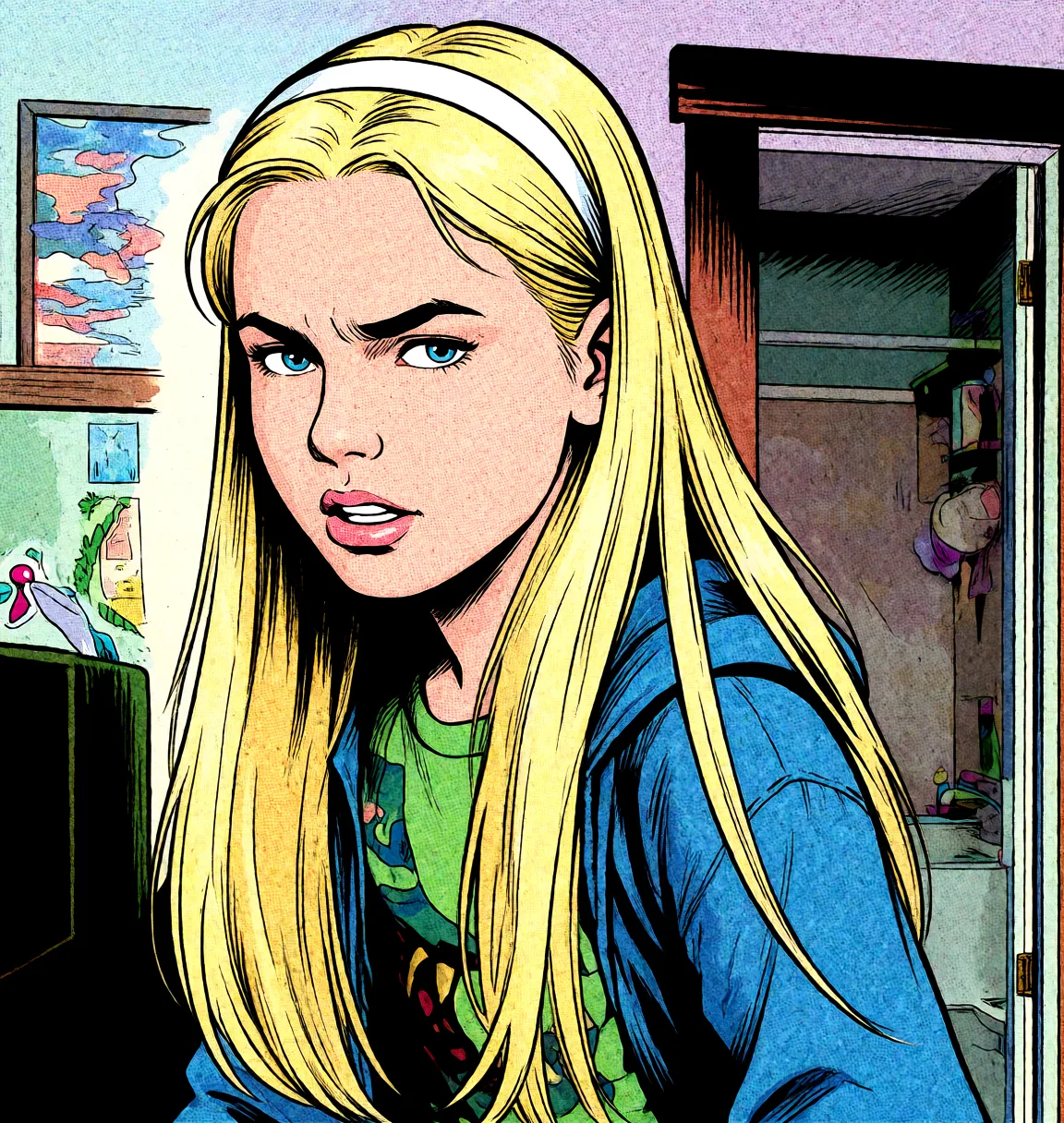 Redraw the entire picture as western comic-book art: heavy black inked outlines, hard-edged cel shading, limited high-contrast colour and visible halftone dot texture. The background is drawn in the same style. Nothing in the frame keeps its photographic appearance. Above all, the picture must show: standing_sex from_behind.