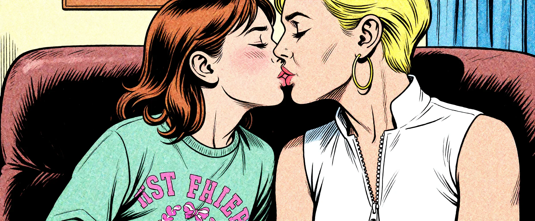 Redraw the entire picture as western comic-book art: heavy black inked outlines, hard-edged cel shading, limited high-contrast colour and visible halftone dot texture. The background is drawn in the same style. Nothing in the frame keeps its photographic appearance. Above all, the picture must show: french_kiss.