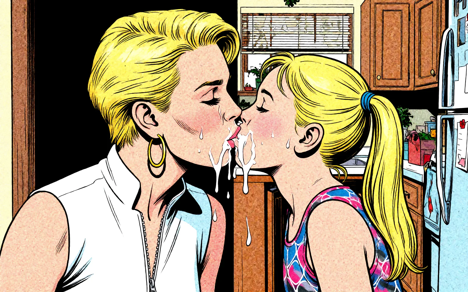 Redraw the entire picture as western comic-book art: heavy black inked outlines, hard-edged cel shading, limited high-contrast colour and visible halftone dot texture. The background is drawn in the same style. Nothing in the frame keeps its photographic appearance. Above all, the picture must show: french_kiss cum_in_mouth.