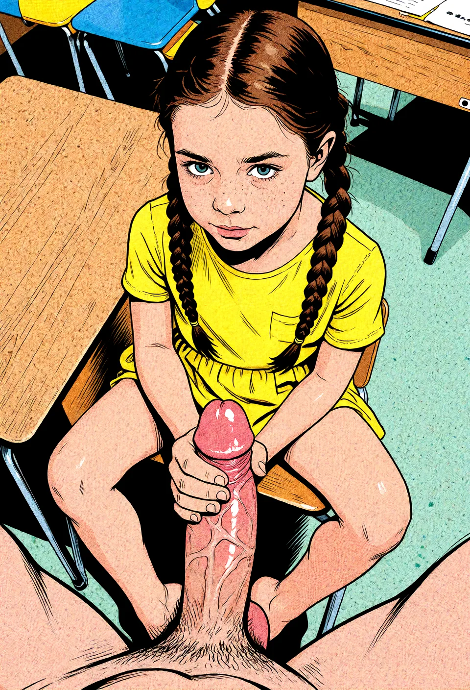 Redraw the entire picture as western comic-book art: heavy black inked outlines, hard-edged cel shading, limited high-contrast colour and visible halftone dot texture. The background is drawn in the same style. Nothing in the frame keeps its photographic appearance. Above all, the picture must show: fellatio pov.