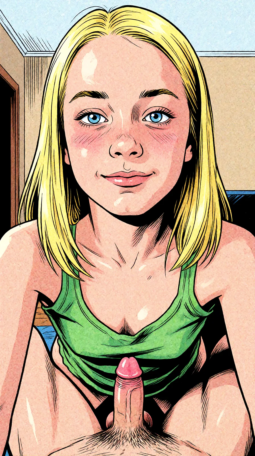 Redraw the entire picture as western comic-book art: heavy black inked outlines, hard-edged cel shading, limited high-contrast colour and visible halftone dot texture. The background is drawn in the same style. Nothing in the frame keeps its photographic appearance. Above all, the picture must show: anal on_back pov.