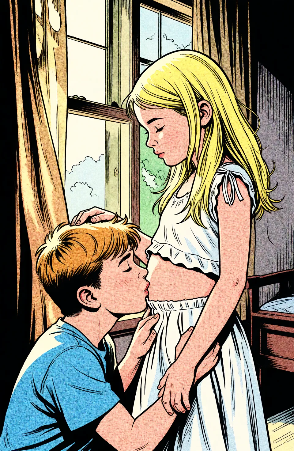 Redraw the entire picture as western comic-book art: heavy black inked outlines, hard-edged cel shading, limited high-contrast colour and visible halftone dot texture. The background is drawn in the same style. Nothing in the frame keeps its photographic appearance. Above all, the picture must show: bottomless.