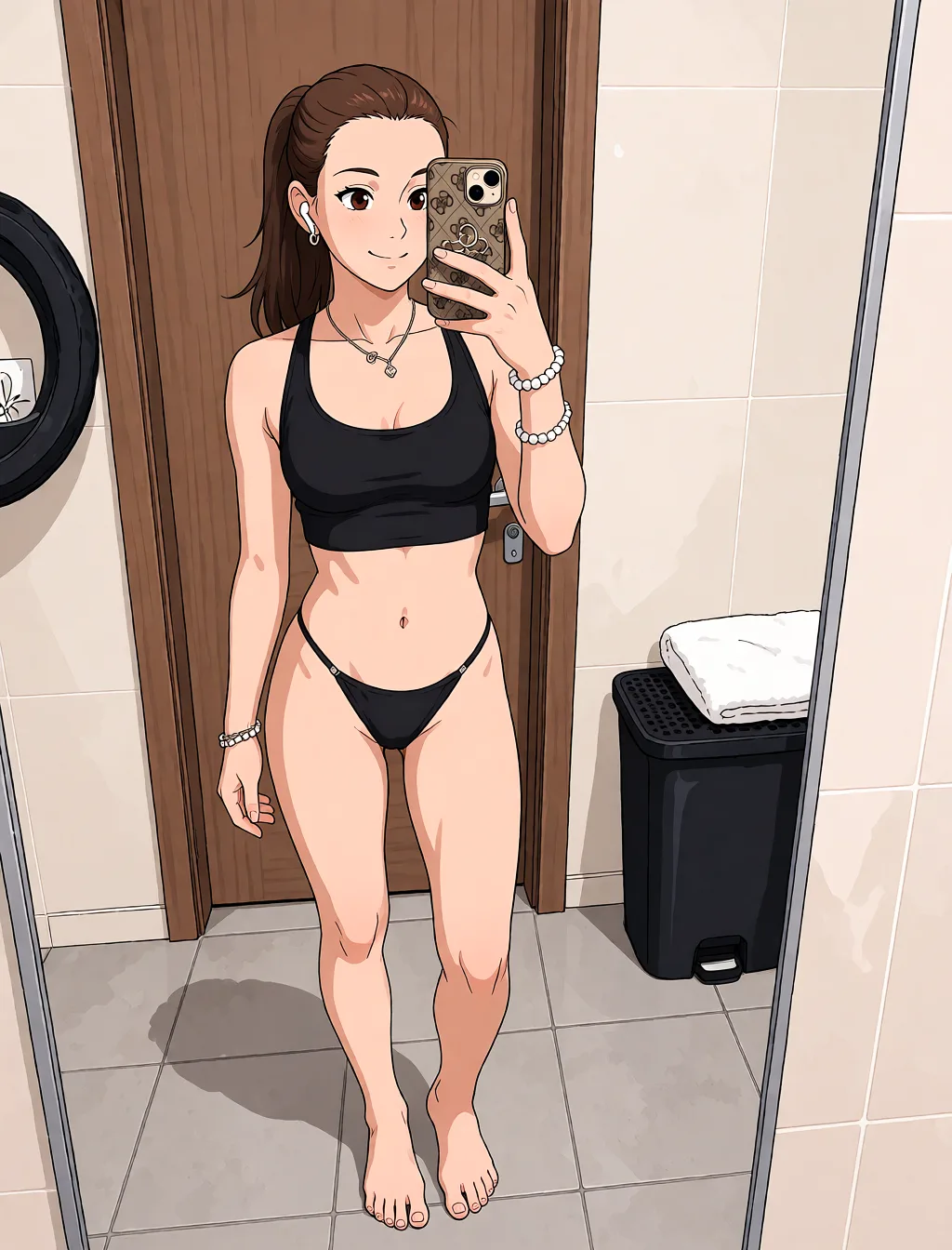 Redraw the entire picture as a hand-drawn anime illustration in flat cel-shaded anime style. It stays the same person with the same face, the same expression, the same hair and the same skin tone, and every other detail of the photograph is kept exactly as it is: nothing is added, removed, moved, uncovered or recoloured. Only the medium changes, and no part of the picture is left photographic. Above all, the picture must show: feet.