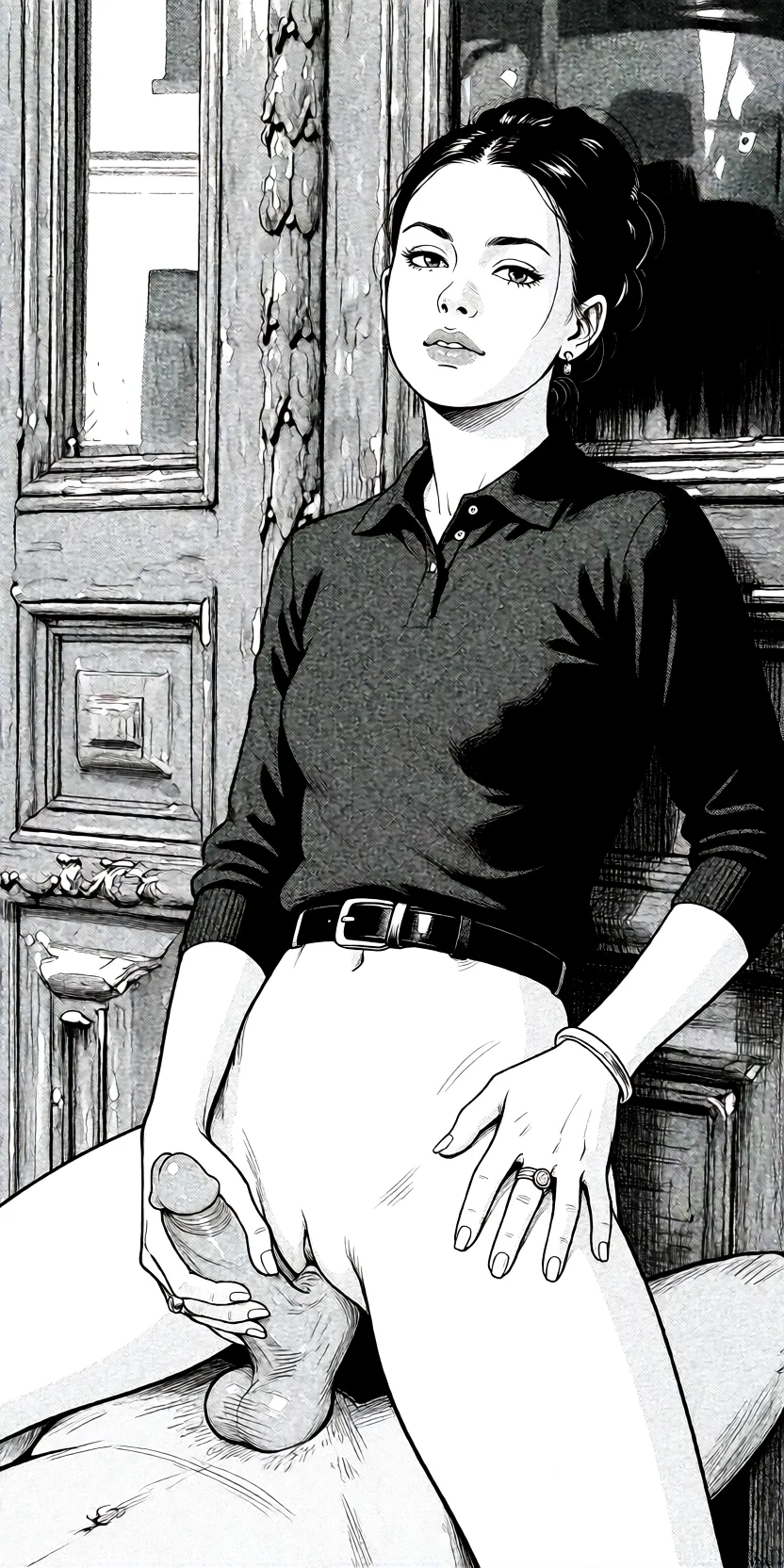 Redraw the entire picture as a black and white manga page: crisp black ink line art, no colour anywhere, flat halftone screentone shading, hatched shadows and clean white highlights, in the look of a printed manga panel. The background is drawn in the same style. Nothing in the frame keeps its photographic appearance. Above all, the picture must show: A woman, naked, small breasts, shaved vagina, penis in the vagina, reverse cowgirl, and holding the penis in her hands.