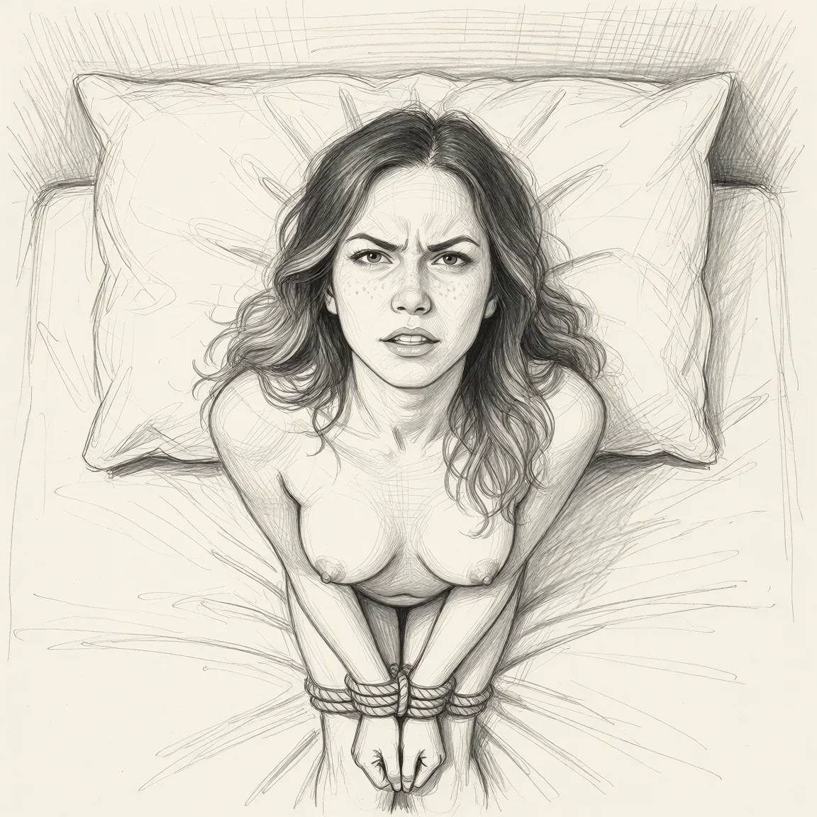 Redraw the entire picture as a hand-drawn graphite sketch on off-white paper: visible pencil strokes, cross-hatched shading, loose construction lines and no colour beyond the grey of the pencil and the tone of the paper. The background is drawn in the same style. Nothing in the frame keeps its photographic appearance. Above all, the picture must show: lying on her back naked in bed, hands tied together with rope, legs tied together with rope,face covered in cum looking up angryly.
