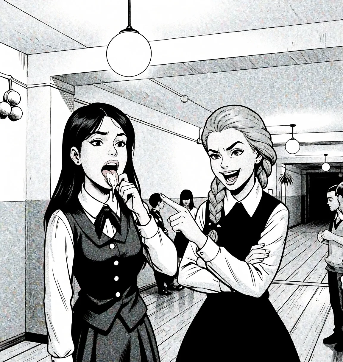 Redraw the entire picture as western comic-book art: heavy black inked outlines, hard-edged cel shading, limited high-contrast colour and visible halftone dot texture. The background is drawn in the same style. Nothing in the frame keeps its photographic appearance. Above all, the picture must show: The woman on the left has her mouth open, her tongue sticking out, with white cum on it, the woman on the right is pointing at it and laughing. black and white image.