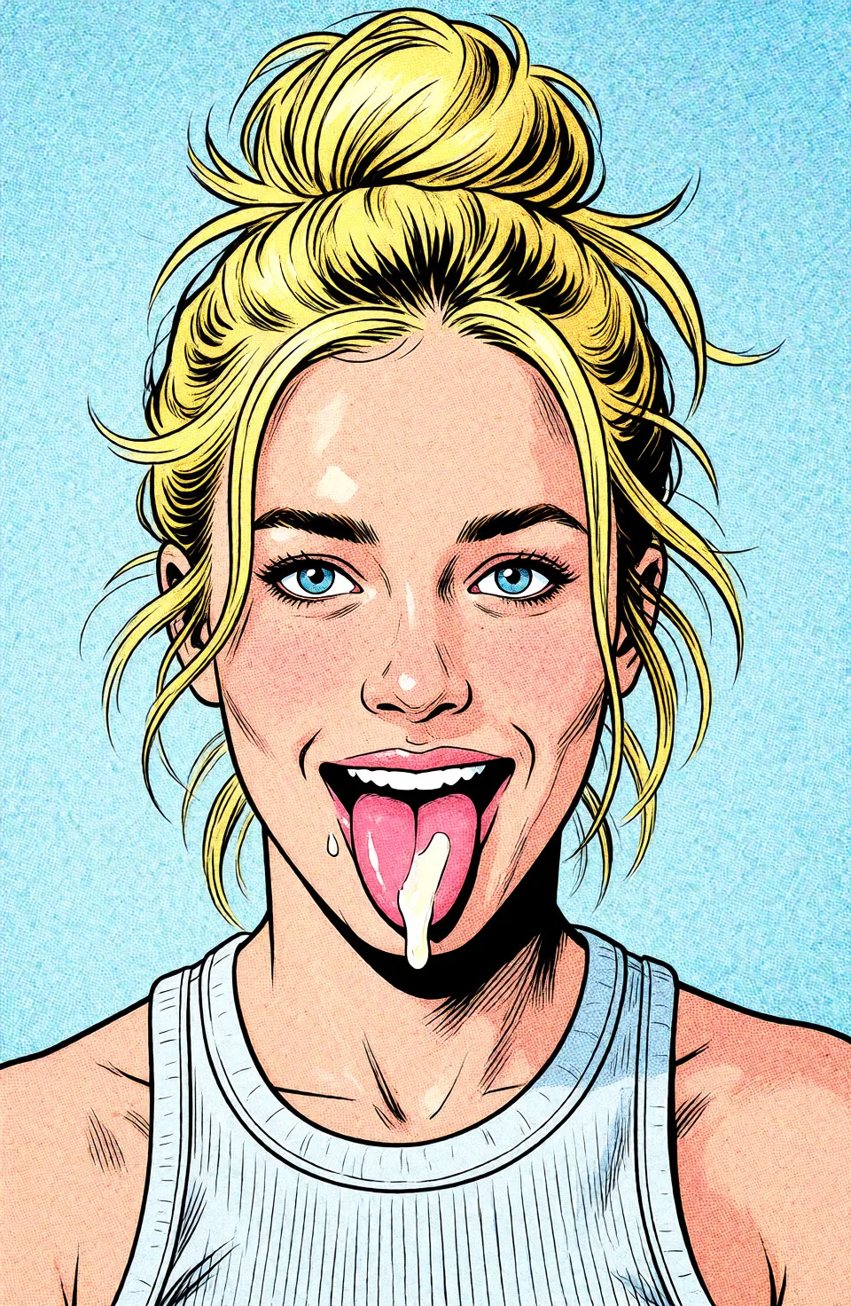 Redraw the entire picture as western comic-book art: heavy black inked outlines, hard-edged cel shading, limited high-contrast colour and visible halftone dot texture. The background is drawn in the same style. Nothing in the frame keeps its photographic appearance. Above all, the picture must show: Let the woman stick out her tongue and there will be cum on it.