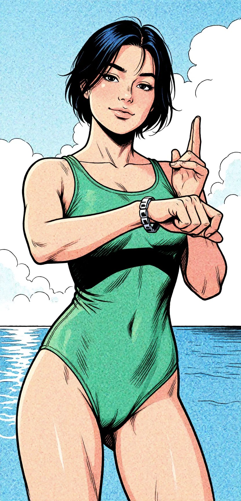 Redraw the entire picture as western comic-book art: heavy black inked outlines, hard-edged cel shading, limited high-contrast colour and visible halftone dot texture. The background is drawn in the same style. Nothing in the frame keeps its photographic appearance. Above all, the picture must show: nude.