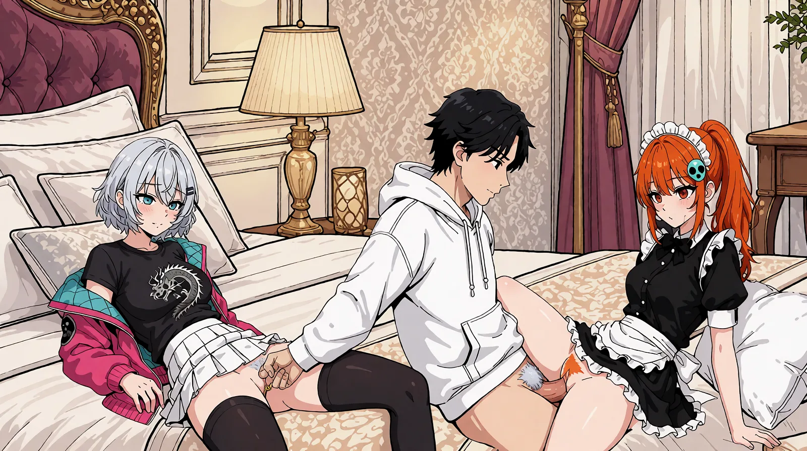 Redraw the entire picture as a hand-drawn anime illustration in flat cel-shaded anime style. It stays the same person with the same face, the same expression, the same hair and the same skin tone, and every other detail of the photograph is kept exactly as it is: nothing is added, removed, moved, uncovered or recoloured. Only the medium changes, and no part of the picture is left photographic. Above all, the picture must show: Change silver-haired woman's thigh-high stocking color as black. She has tiny gold rings on her pussy.The woman with silver hair was wearing a white pleated skirt. Her pubic hair is silver.