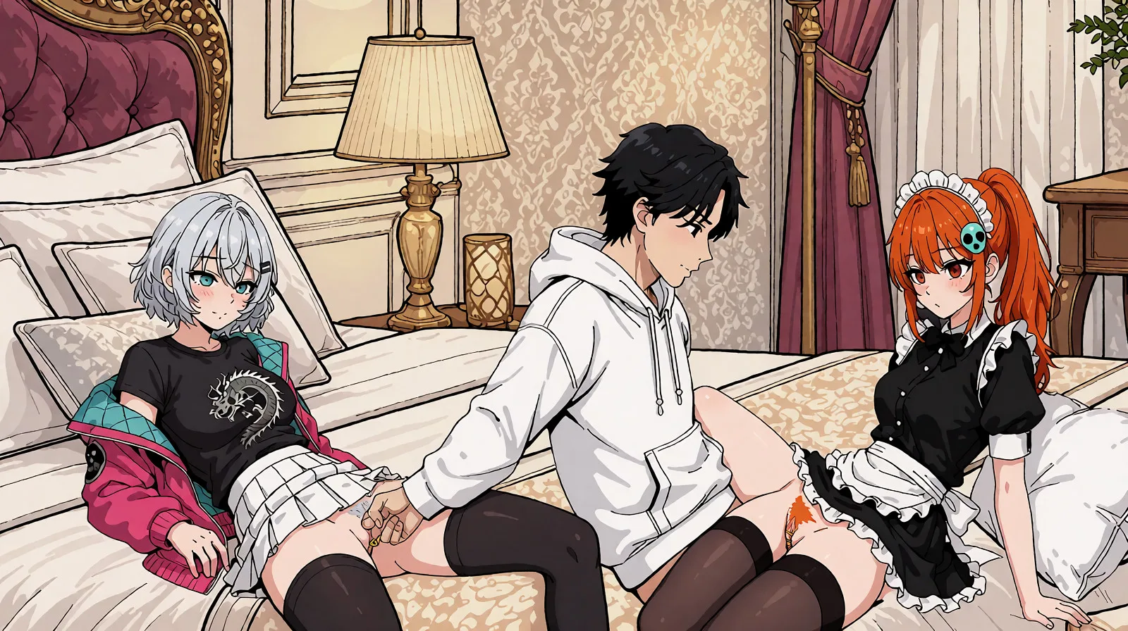 Redraw the entire picture as a hand-drawn anime illustration in flat cel-shaded anime style. It stays the same person with the same face, the same expression, the same hair and the same skin tone, and every other detail of the photograph is kept exactly as it is: nothing is added, removed, moved, uncovered or recoloured. Only the medium changes, and no part of the picture is left photographic. Above all, the picture must show: Please edit the image so that the maid with the orange ponytail is wearing black stockings that reach her thighs. Orange maid has tiny gold rings on her labia. Her pubic hair is orange.