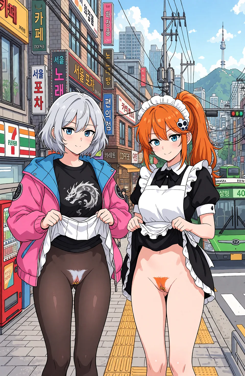 Redraw the entire picture as a hand-drawn anime illustration in flat cel-shaded anime style. It stays the same person with the same face, the same expression, the same hair and the same skin tone, and every other detail of the photograph is kept exactly as it is: nothing is added, removed, moved, uncovered or recoloured. Only the medium changes, and no part of the picture is left photographic. Above all, the picture must show: Two women lift their skirts up, exposing their pussies. The woman with silver hair and a pink jacket has silver pubic hair and tiny gold rings on her labia. The maid with the orange ponytail has orange pubic hair, and she also has tiny gold rings on her labia.