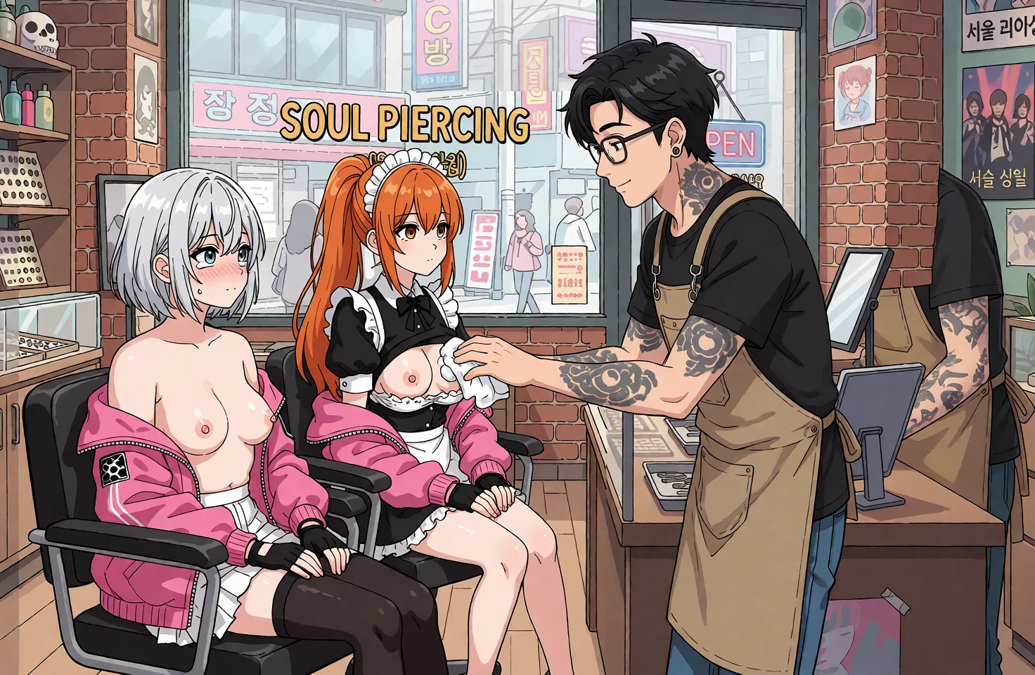 Redraw the entire picture as a hand-drawn anime illustration in flat cel-shaded anime style. It stays the same person with the same face, the same expression, the same hair and the same skin tone, and every other detail of the photograph is kept exactly as it is: nothing is added, removed, moved, uncovered or recoloured. Only the medium changes, and no part of the picture is left photographic. Above all, the picture must show: The man wipes the orange ponytail maid's nipples with a piece of cotton.