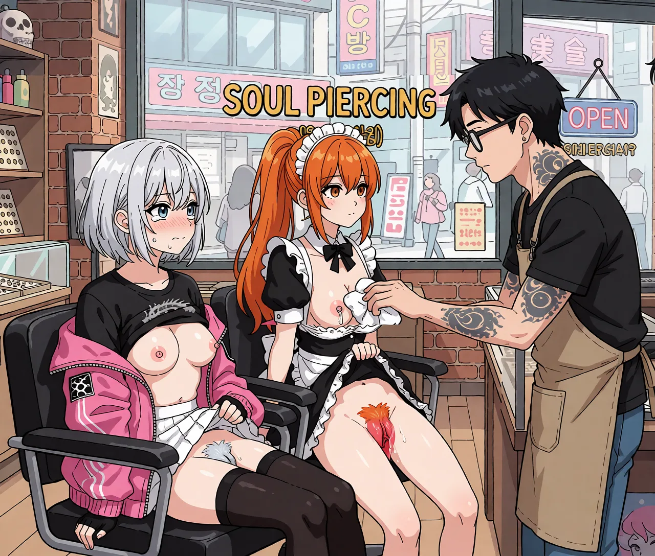 Redraw the entire picture as a hand-drawn anime illustration in flat cel-shaded anime style. It stays the same person with the same face, the same expression, the same hair and the same skin tone, and every other detail of the photograph is kept exactly as it is: nothing is added, removed, moved, uncovered or recoloured. Only the medium changes, and no part of the picture is left photographic. Above all, the picture must show: Two women lift their skirts and expose their pussies.The silver-haired woman is wearing thigh-high black stockings.The silver-haired woman’s pubic hair is silver.The maid with the orange ponytail has orange pubic hair.The silver-haired woman’s pussy is very red and swollen.The maid with the orange ponytail’s pussy is red and swollen.