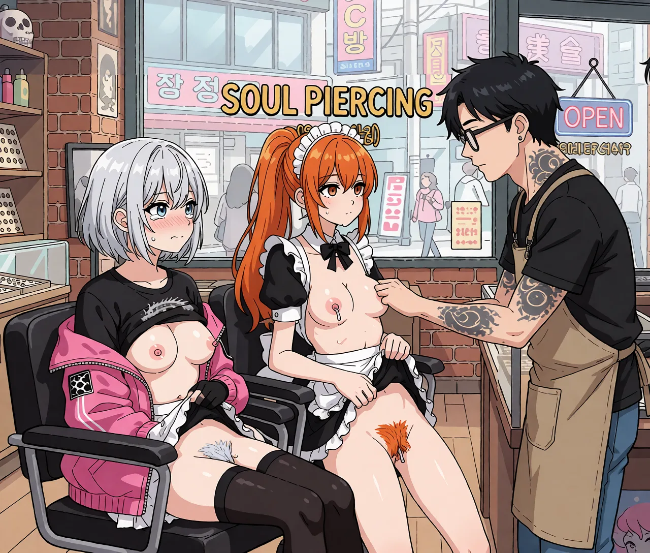 Redraw the entire picture as a hand-drawn anime illustration in flat cel-shaded anime style. It stays the same person with the same face, the same expression, the same hair and the same skin tone, and every other detail of the photograph is kept exactly as it is: nothing is added, removed, moved, uncovered or recoloured. Only the medium changes, and no part of the picture is left photographic. Above all, the picture must show: Two women lift their skirts and expose their pussies.The silver-haired woman is wearing thigh-high black stockings.The silver-haired woman’s pubic hair is silver.The maid with the orange ponytail has orange pubic hair.