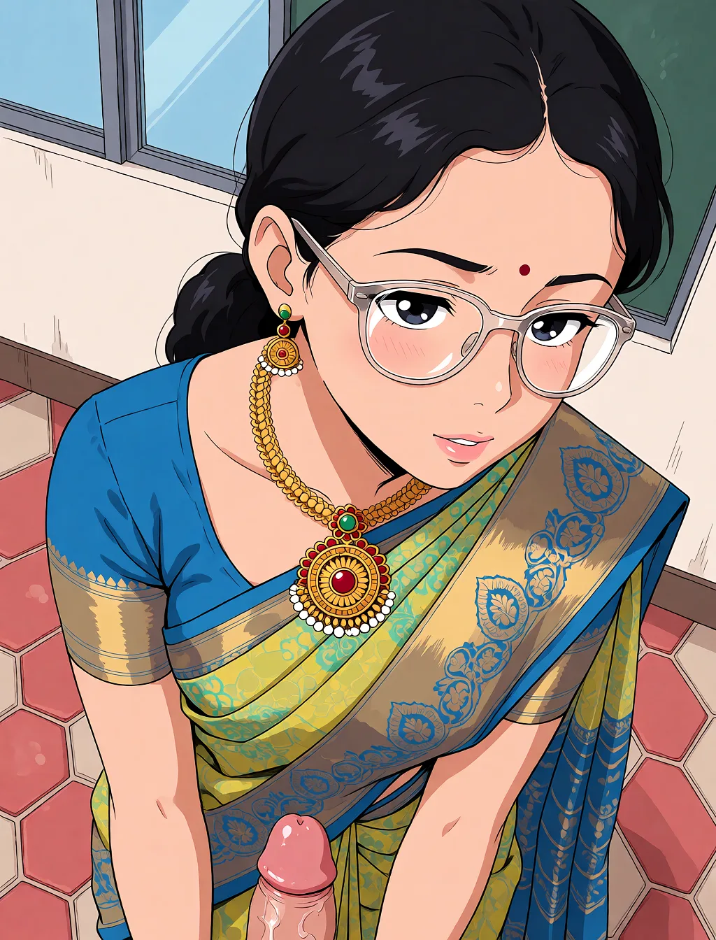 Redraw the entire picture as a hand-drawn anime illustration in flat cel-shaded anime style. It stays the same person with the same face, the same expression, the same hair and the same skin tone, and every other detail of the photograph is kept exactly as it is: nothing is added, removed, moved, uncovered or recoloured. Only the medium changes, and no part of the picture is left photographic. Above all, the picture must show: Sex female_masturbation.