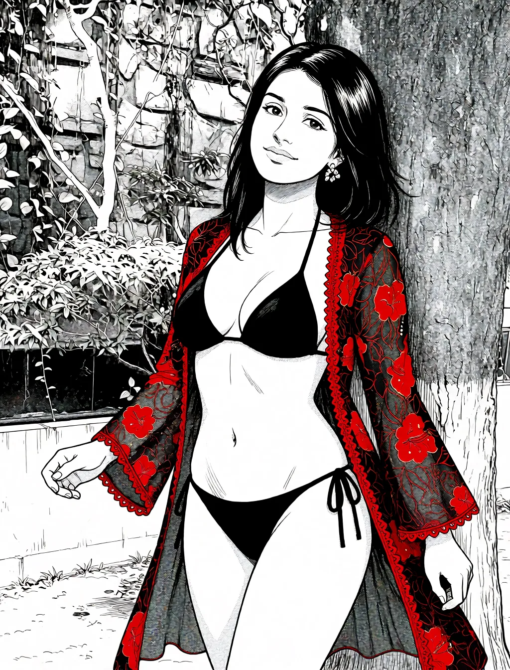 Redraw the entire picture as a black and white manga page: crisp black ink line art, no colour anywhere, flat halftone screentone shading, hatched shadows and clean white highlights, in the look of a printed manga panel. The background is drawn in the same style. Nothing in the frame keeps its photographic appearance. Above all, the picture must show: bikini.
