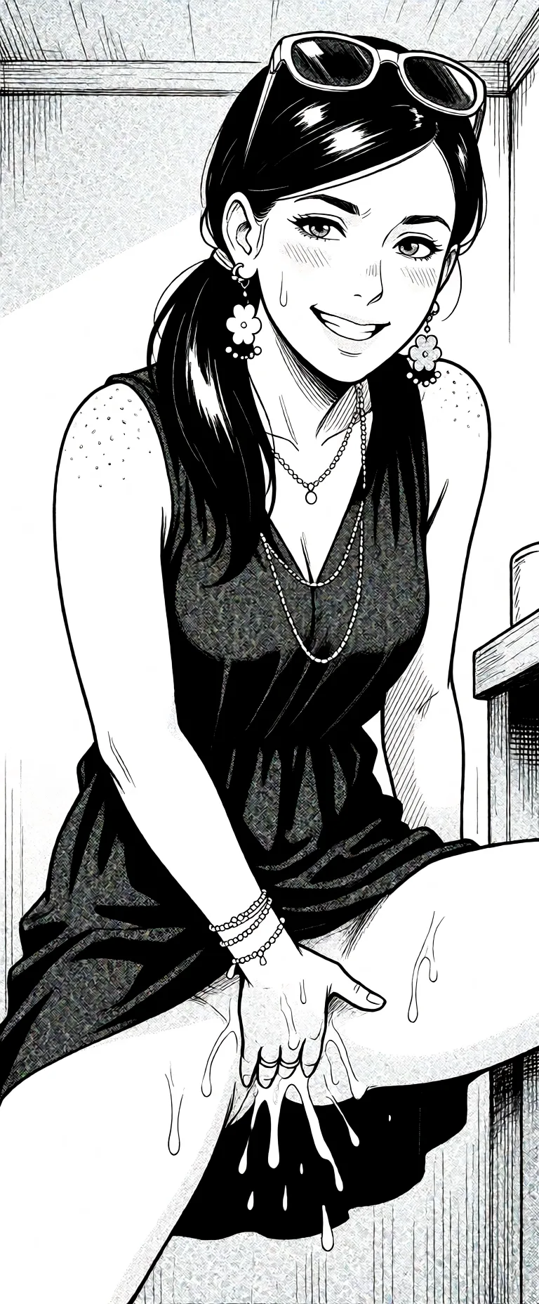 Redraw the entire picture as a black and white manga page: crisp black ink line art, no colour anywhere, flat halftone screentone shading, hatched shadows and clean white highlights, in the look of a printed manga panel. The background is drawn in the same style. Nothing in the frame keeps its photographic appearance. Above all, the picture must show: Nude, masturvating, wet.