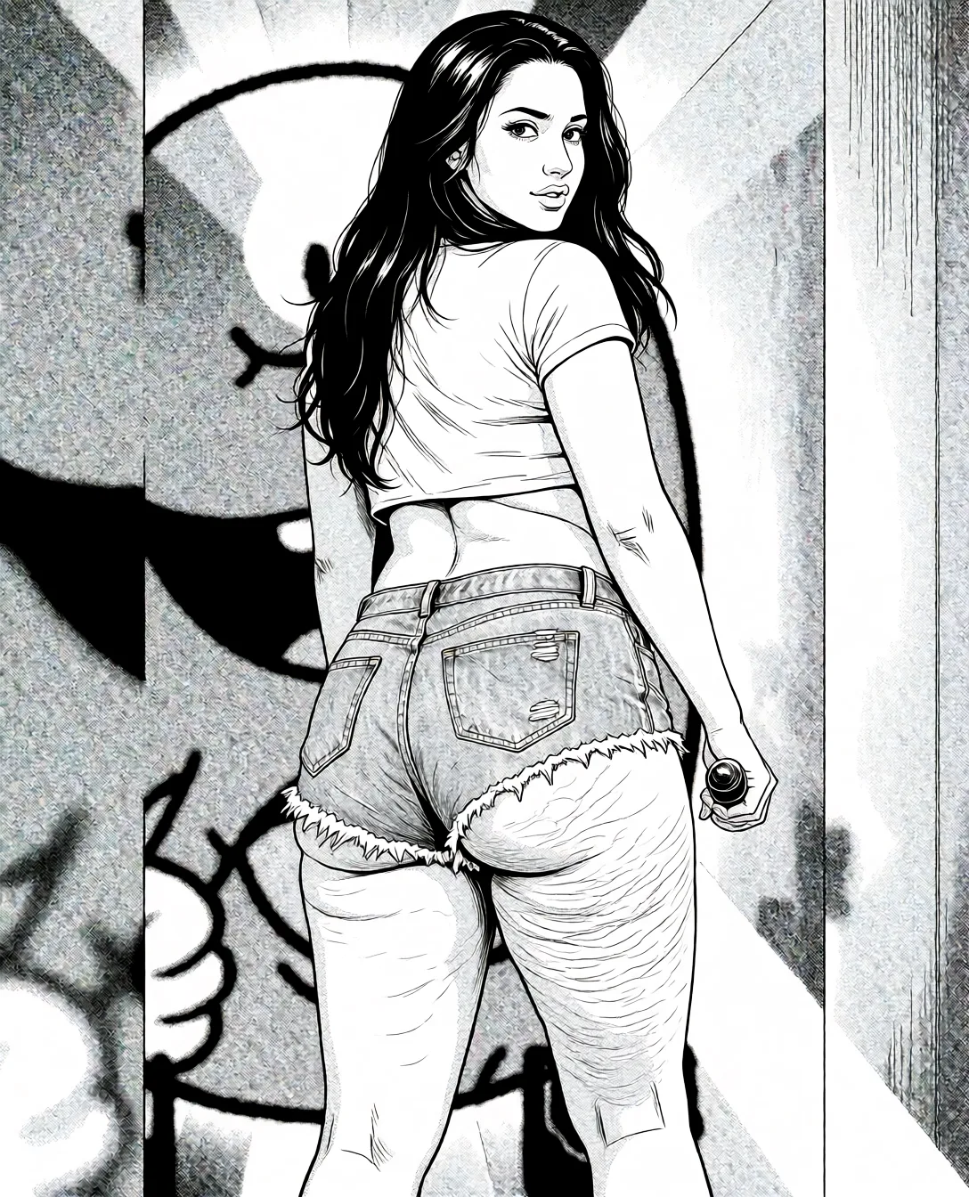 Redraw the entire picture as a black and white manga page: crisp black ink line art, no colour anywhere, flat halftone screentone shading, hatched shadows and clean white highlights, in the look of a printed manga panel. The background is drawn in the same style. Nothing in the frame keeps its photographic appearance. Above all, the picture must show: Nude.
