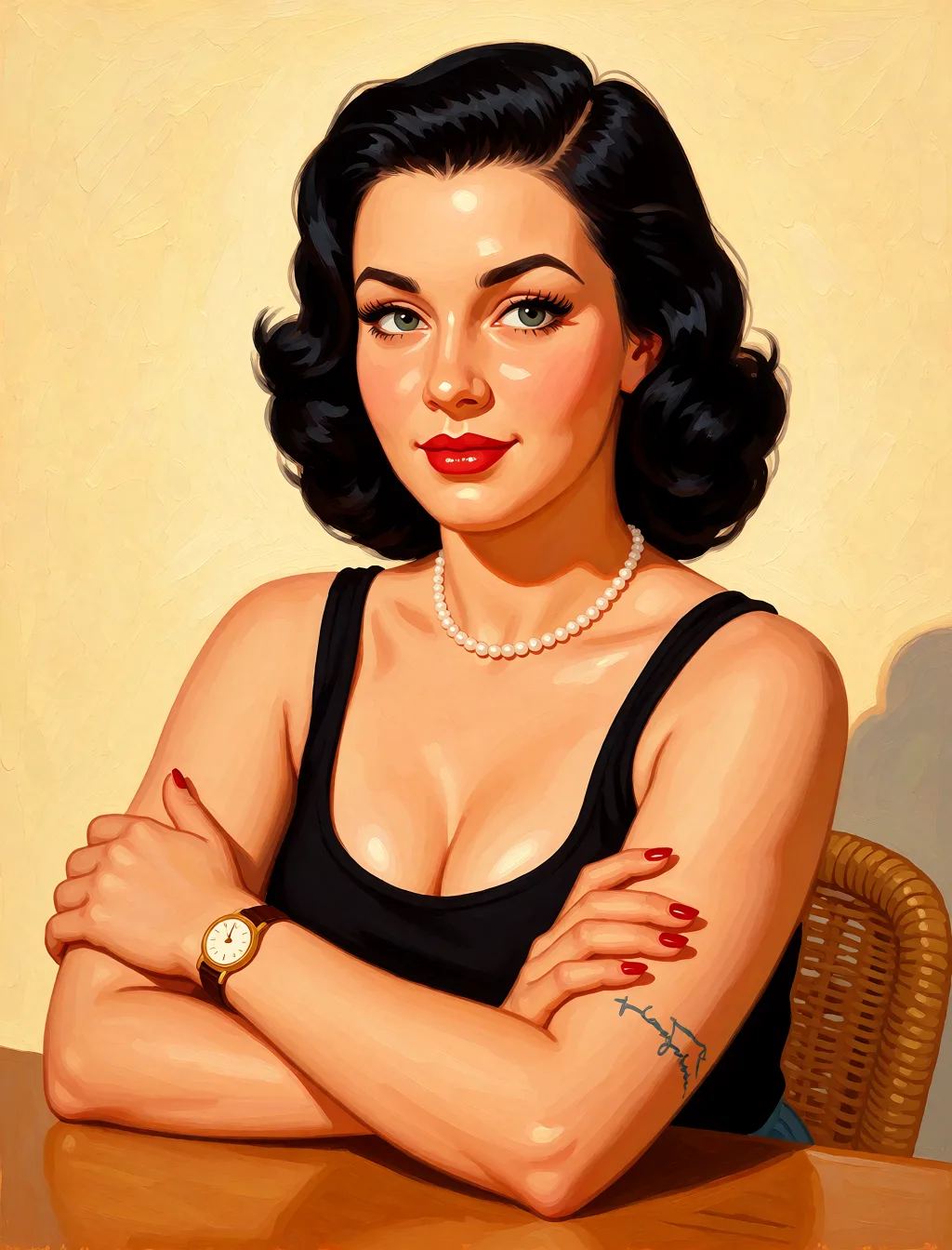 Redraw the entire picture as a retro pin-up illustration: smooth airbrushed gouache paint, warm saturated mid-century colour, clean confident outlines and glamorous stylised features, in the look of a 1950s pin-up poster. The background is painted in the same style. Nothing in the frame keeps its photographic appearance. Above all, the picture must show: facial.
