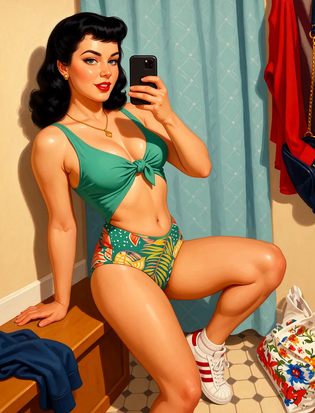 Redraw the entire picture as a retro pin-up illustration: smooth airbrushed gouache paint, warm saturated mid-century colour, clean confident outlines and glamorous stylised features, in the look of a 1950s pin-up poster. The background is painted in the same style. Nothing in the frame keeps its photographic appearance. Above all, the picture must show: Трахают раком.