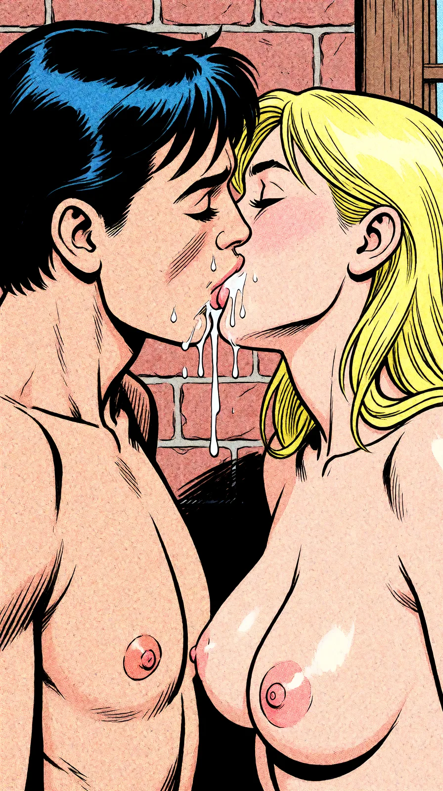 Redraw the entire picture as western comic-book art: heavy black inked outlines, hard-edged cel shading, limited high-contrast colour and visible halftone dot texture. The background is drawn in the same style. Nothing in the frame keeps its photographic appearance. Above all, the picture must show: french_kiss cum_in_mouth.