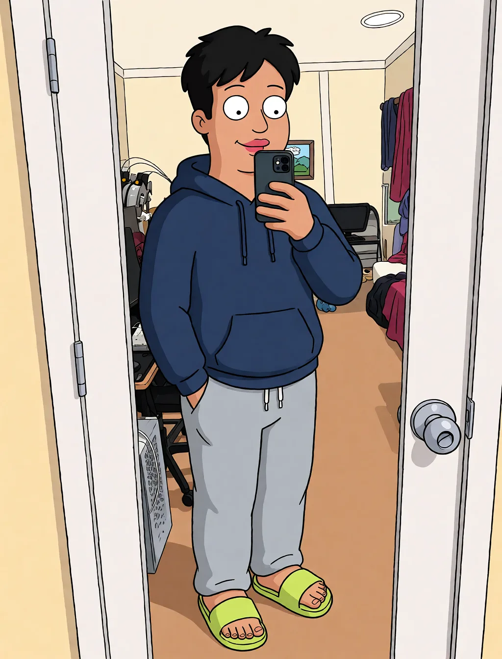 Redraw the entire picture as a western animated cartoon cel: thick even outlines, flat bright blocks of colour, simplified rounded shapes and hard-edged shadows, in the look of a television cartoon rather than of a camera. Keep the woman's adult proportions and adult figure exactly as they are; only the drawing style changes. The background is drawn in the same style. Nothing in the frame keeps its photographic appearance. Above all, the picture must show: sex.
