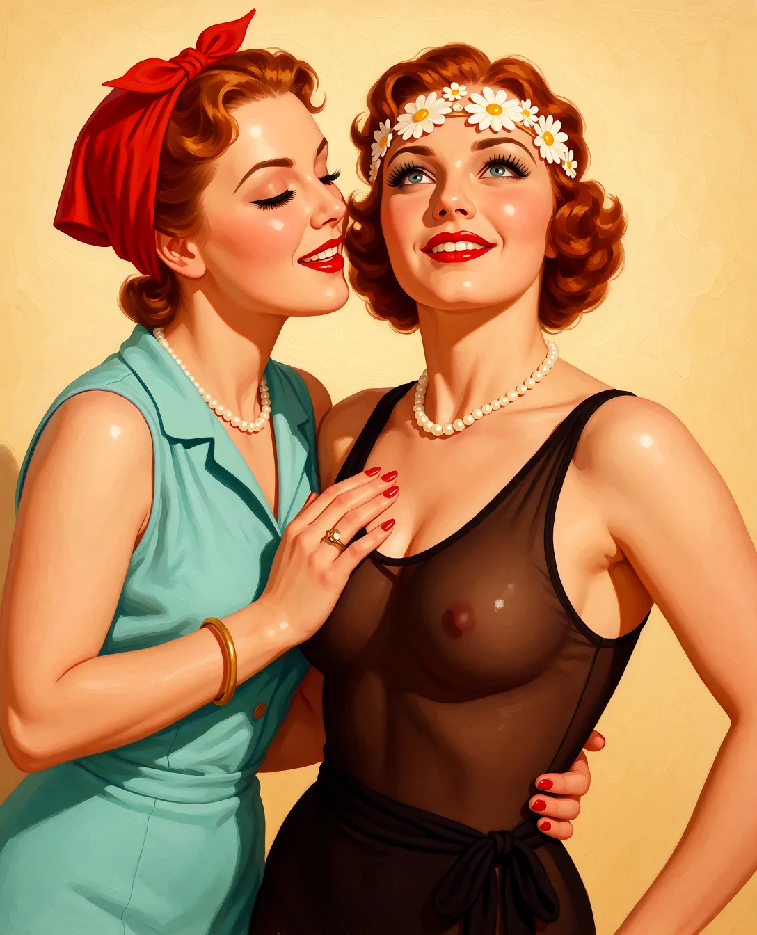 Redraw the entire picture as a retro pin-up illustration: smooth airbrushed gouache paint, warm saturated mid-century colour, clean confident outlines and glamorous stylised features, in the look of a 1950s pin-up poster. The background is painted in the same style. Nothing in the frame keeps its photographic appearance. Above all, the picture must show: two women.
