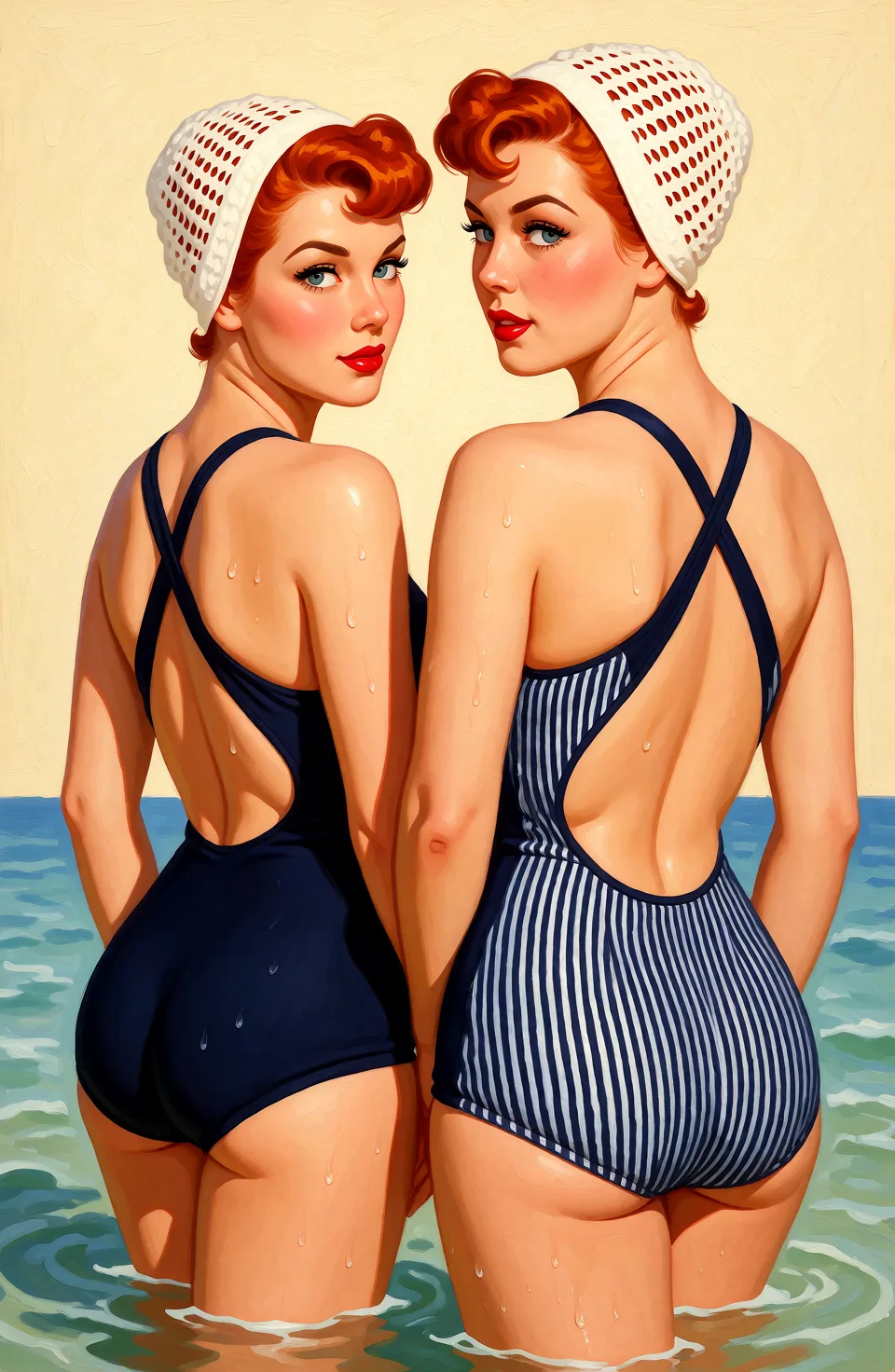 Redraw the entire picture as a retro pin-up illustration: smooth airbrushed gouache paint, warm saturated mid-century colour, clean confident outlines and glamorous stylised features, in the look of a 1950s pin-up poster. The background is painted in the same style. Nothing in the frame keeps its photographic appearance. Above all, the picture must show: two women.