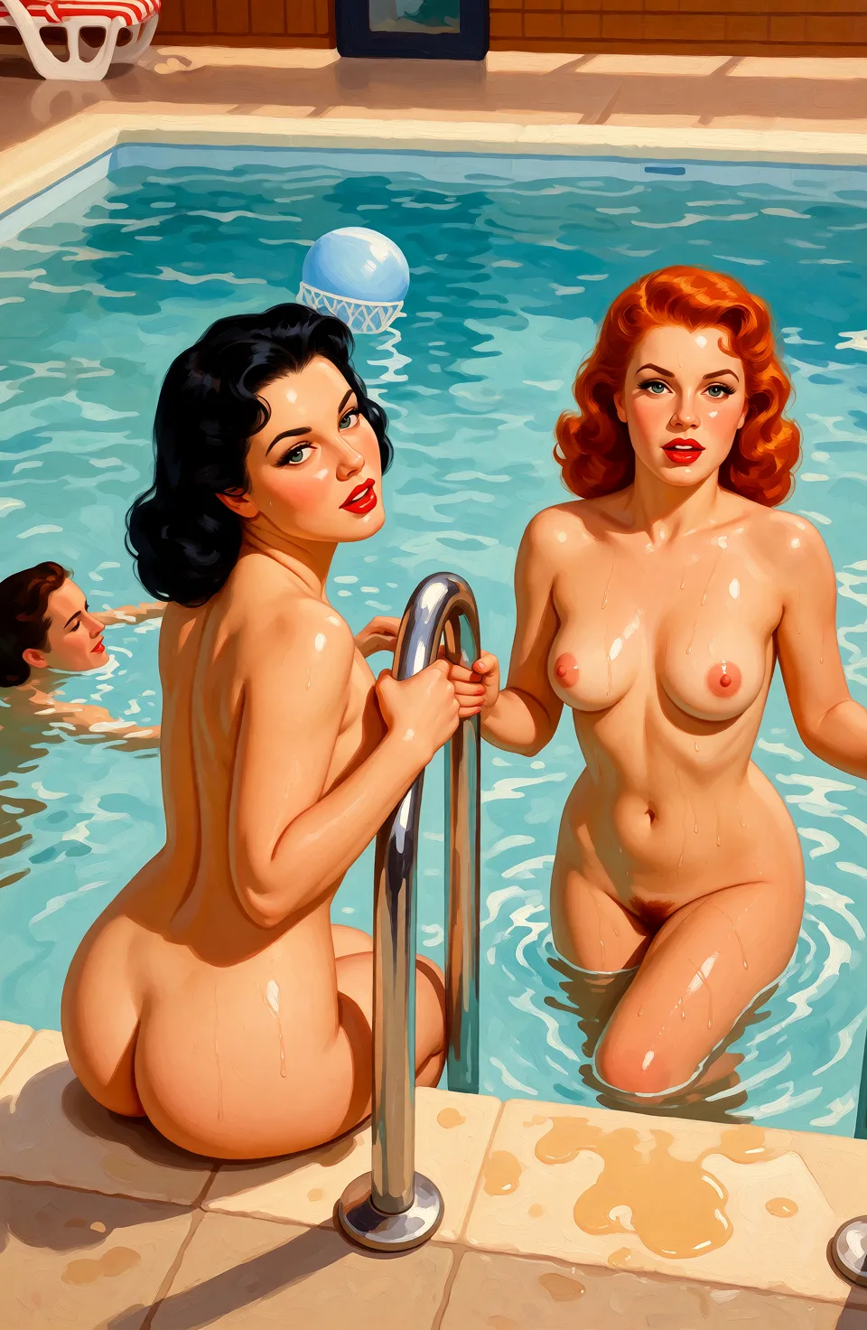 Redraw the entire picture as a retro pin-up illustration: smooth airbrushed gouache paint, warm saturated mid-century colour, clean confident outlines and glamorous stylised features, in the look of a 1950s pin-up poster. The background is painted in the same style. Nothing in the frame keeps its photographic appearance. Above all, the picture must show: the women are higging; one has dark hair, the other red hair.