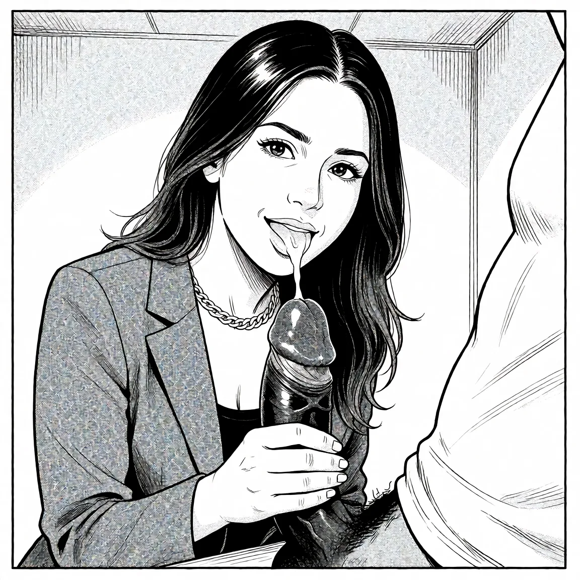 Redraw the entire picture as a black and white manga page: crisp black ink line art, no colour anywhere, flat halftone screentone shading, hatched shadows and clean white highlights, in the look of a printed manga panel. The background is drawn in the same style. Nothing in the frame keeps its photographic appearance. Above all, the picture must show: pov Sucking black dick slowly.