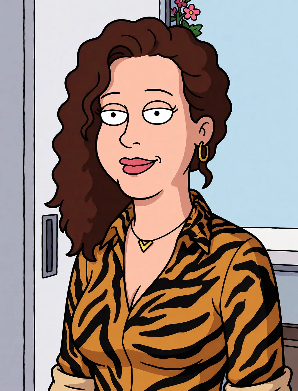 Redraw the entire picture as a western animated cartoon cel: thick even outlines, flat bright blocks of colour, simplified rounded shapes and hard-edged shadows, in the look of a television cartoon rather than of a camera. Keep the woman's adult proportions and adult figure exactly as they are; only the drawing style changes. The background is drawn in the same style. Nothing in the frame keeps its photographic appearance.