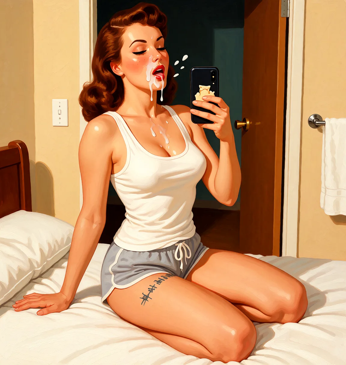 Redraw the entire picture as a retro pin-up illustration: smooth airbrushed gouache paint, warm saturated mid-century colour, clean confident outlines and glamorous stylised features, in the look of a 1950s pin-up poster. The background is painted in the same style. Nothing in the frame keeps its photographic appearance. Above all, the picture must show: Naked on a bed with cum in her face.